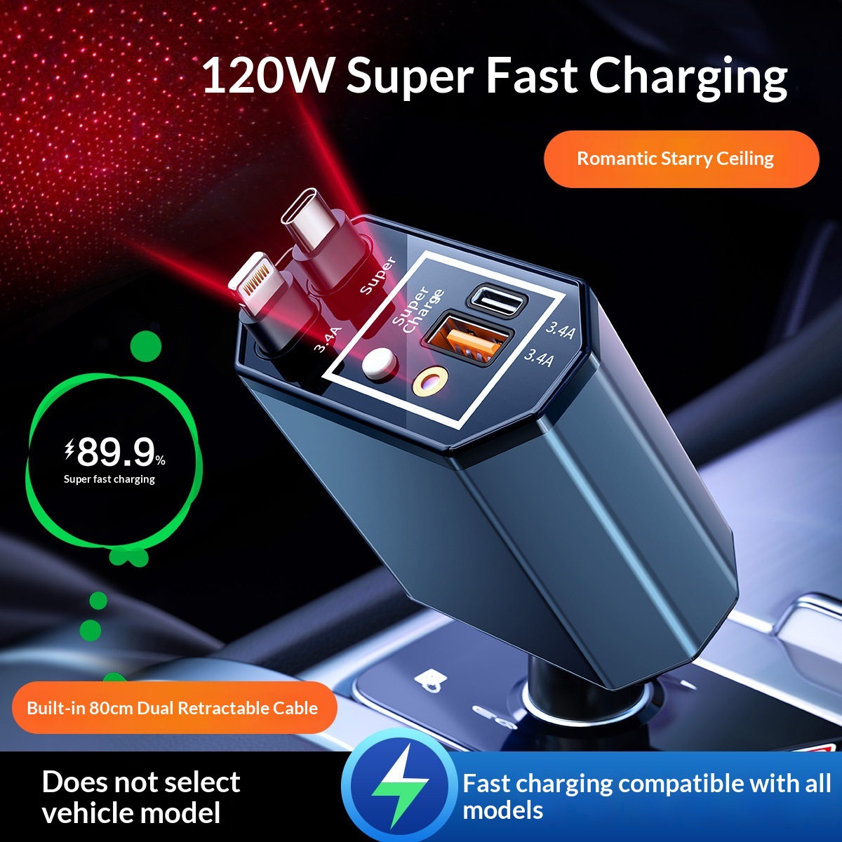 Pengisi Daya Mobil 120W dengan - Fast Charging Cable ulasan dan harga